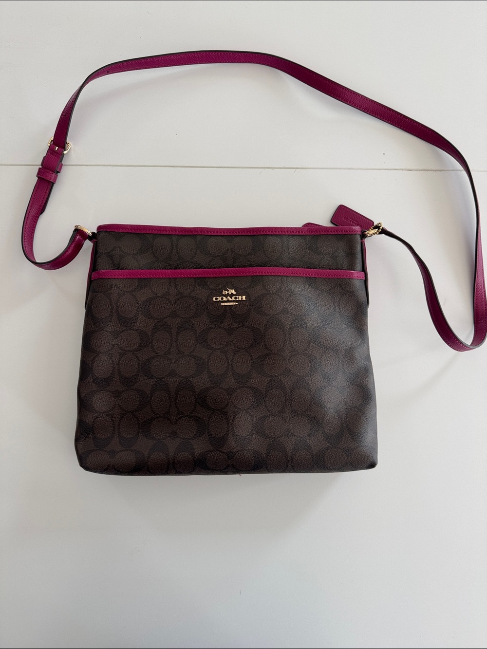 Coach Brown Signature Crossbody with Magenta Trim